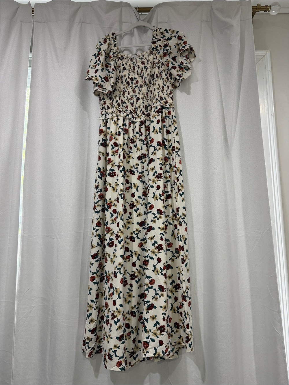 Ivy City Co Cream Floral Smocked Jumpsuit with Puff Sleeves